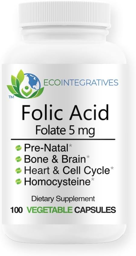 Folic Acid Folate 5 mg (B9) Prenatal, Reproductive Health, Homocysteine, Metabolism, Cardiovascular, Bone, Immune Support, Allergen Free, Non GMO - 100 Vegan Capsules