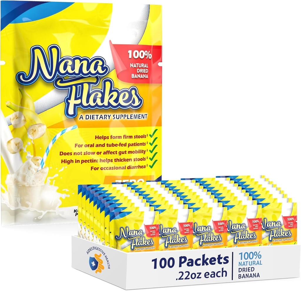 Nana Flakes 100% Pure Banana Flakes Medical Food Powder - Μείωση της πρόσληψης λίπους & Φυσική θεραπεία για Διάρροια & Έγκαυμα καρδιάς - Μεγάλη Πηγή Πρωτεΐνης & Ίνες (100 Single-Serve Packs)