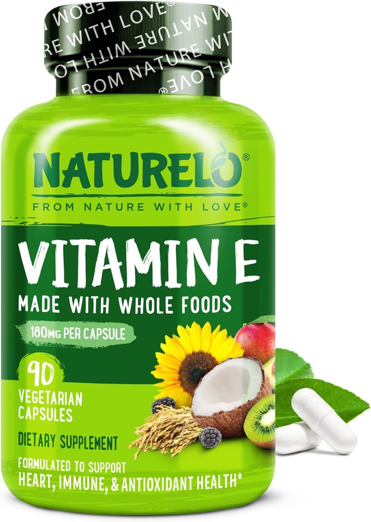 NATLO Vitamin E - 180 mg (300 IU) Doğal Karma Tocopherols Organik Tüm Gıdalardan - Sağlıklı Cilt, Saç, Ç, Çiçekler, Immune & Eye Health - Non-GMO, Soy Free - 90 Vegan Capsules