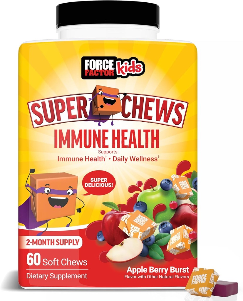 FORCE FACTOR Παιδιά Ανοσοποιητική Υγεία Super Chews, Παιδικό συμπλήρωμα ανοσοποιητικής υποστήριξης με βιταμίνη D για τα παιδιά, Elderberry, Βιταμίνη C, & Ψευδάργυρος, 2-μηνη παροχή, μη-GMO, Apple Berry Flavor, 60 μαλακά μάσημα