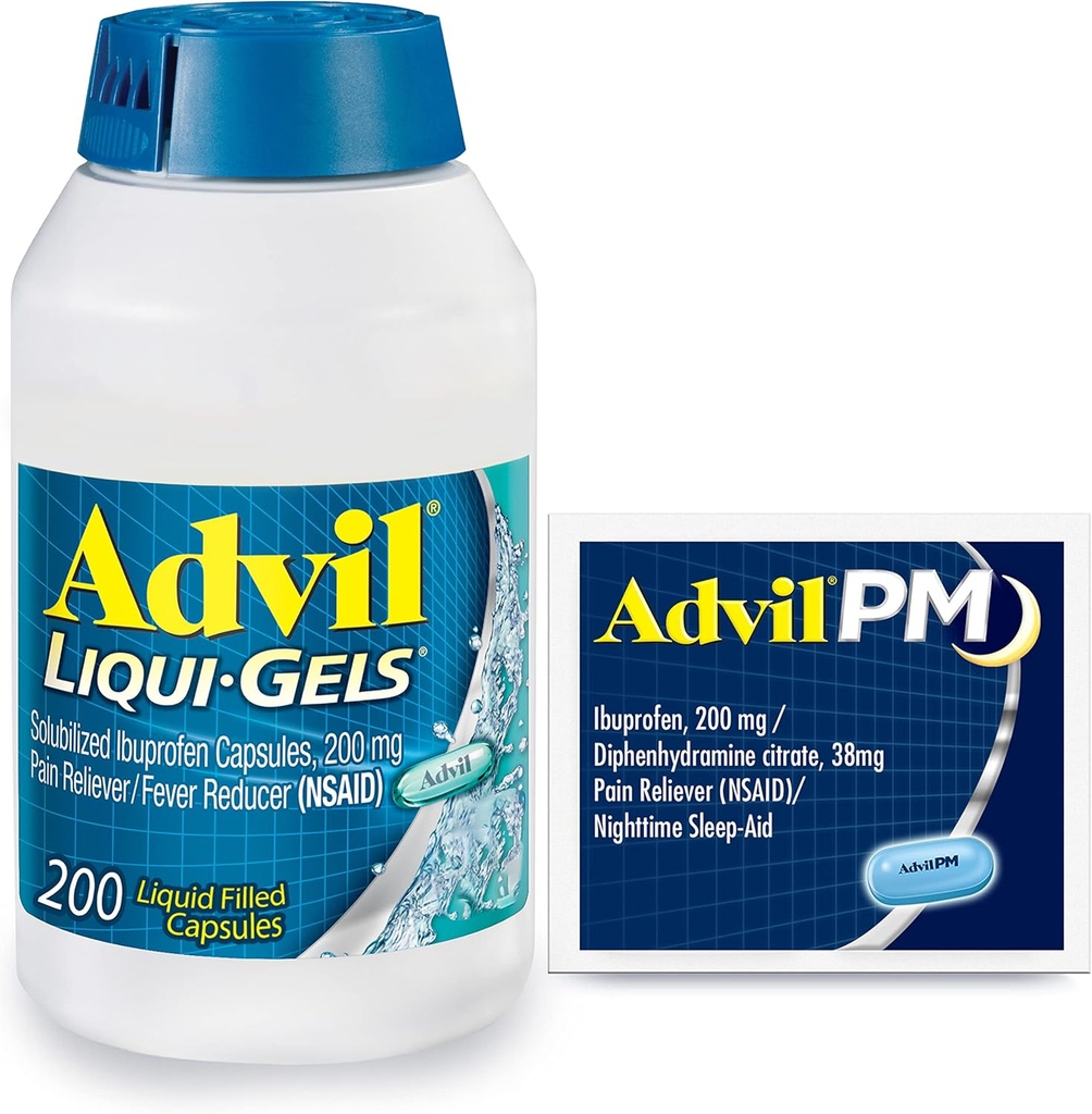 Advil Liqui-Gels Pain Reliever ve Ateş Tanımları, Ibuprofen 200 mg for Headache, Backache, Menstrual Pain and Common Pain Relief - 200 Capsules, Advil PM Ibuprofen - 2 Ctvil