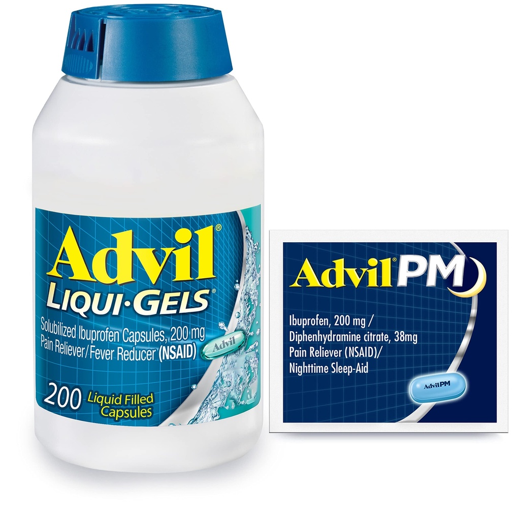 Advil Liqui-Gels Pain Reliever ve Ateş Tanımları, Ibuprofen 200 mg for Headache, Backache, Menstrual Pain and Common Pain Relief - 200 Capsules, Advil PM Ibuprofen - 2 Ctvil