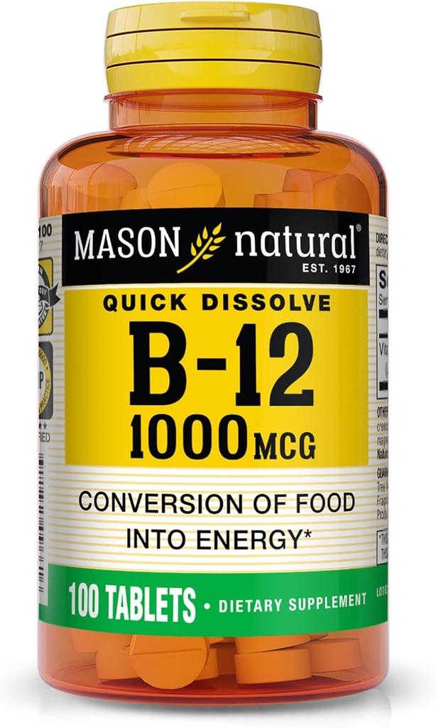 MASON ΦΥΣΙΚΗ Βιταμίνη B12, 1000 mcg Quick Dissolve Tablets, Σύμπλεγμα γρήγορης απορρόφησης Β για την υποστήριξη της φυσιολογικής ενέργειας και της νευρικής λειτουργίας, 100 δισκία