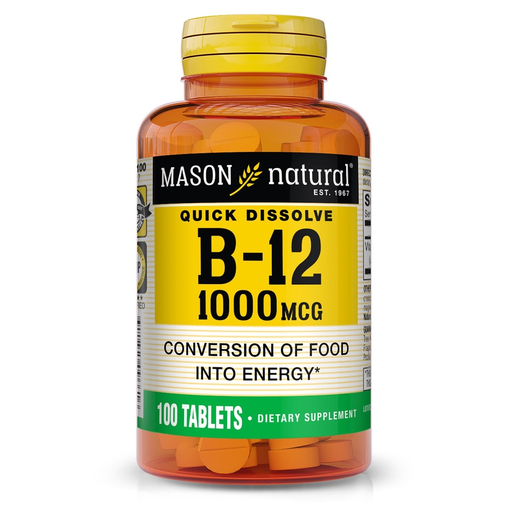 MASON ΦΥΣΙΚΗ Βιταμίνη B12, 1000 mcg Quick Dissolve Tablets, Σύμπλεγμα γρήγορης απορρόφησης Β για την υποστήριξη της φυσιολογικής ενέργειας και της νευρικής λειτουργίας, 100 δισκία