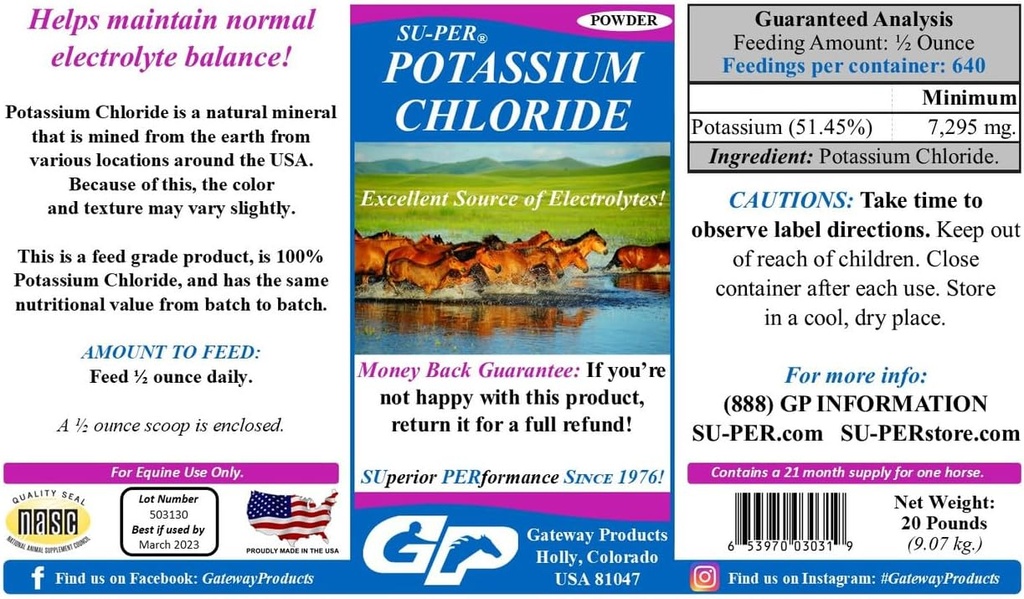SU-PER Potassium Chloride Horse Electrolyte Supplement - Helps Maintain Normal Electrolyte Balance - 20 Pound, 21 Month Supply