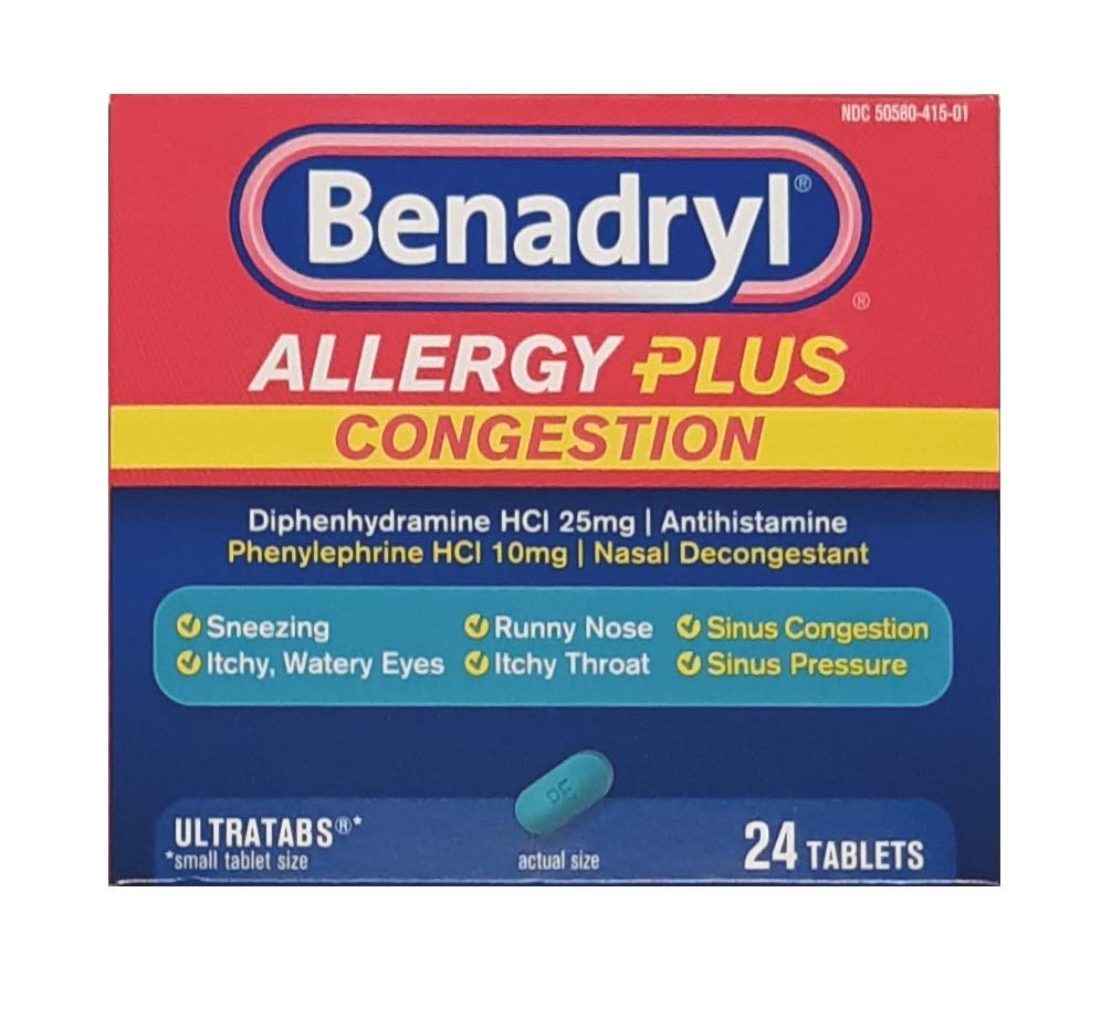 Benadryl Αλλεργία Plus Υπεργεύση Ultratabs, Ιατρική με Diphenhydramine HCl Αντιισταμινική & φαινυλεφρίνη HCl Ρινική Αποσυμφορητικό, Αλλεργία & Πνευμονική Συμφόρηση δισκία ανακούφισης, 24 ct