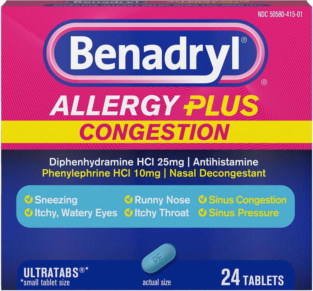 Benadryl Antihistamin & Phenylephrine HCl Nasal Decongestant, Antis & Sinus Congestion Relief Tabletleri, 24 ct
