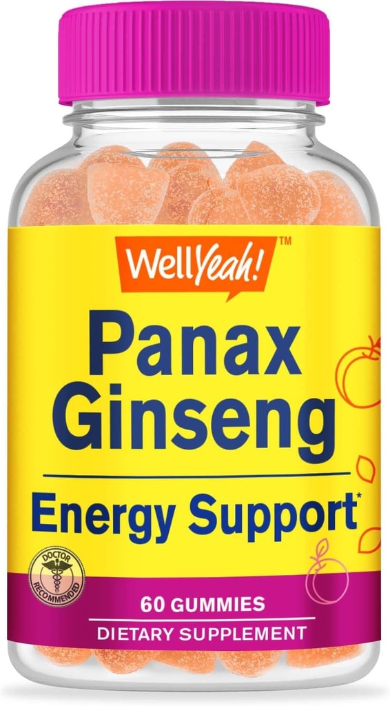 WellYeah Panax Ginseng Gummies - 96mg εκχυλίσματος ρίζας Panax Ginseng ανά υπηρεσία - Μη ΓΤΟ, Φυσικές Γεύσεις, Vegan, Χωρίς γλουτένη, Χωρίς καρυδιά - 60 Count