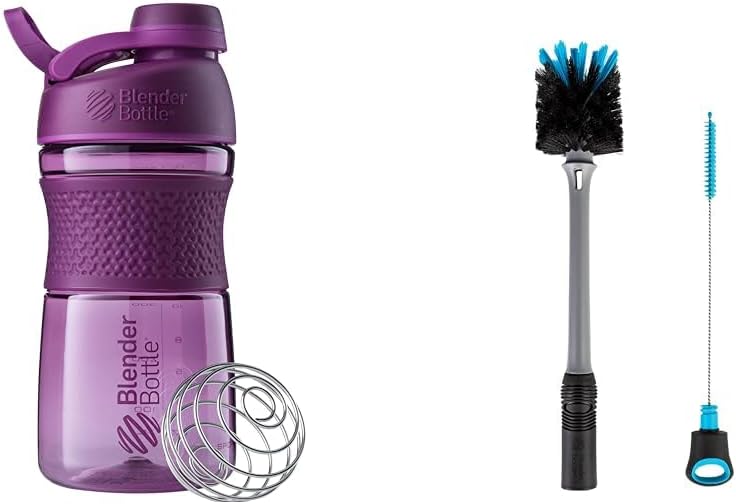 BlenderBottle SportMixer Shaker Μπουκάλι Ιδανικό για πρωτεϊνικές ανακινήσεις και προ προπόνηση, 20-Ounce, Plum & 2-in-1 Shaker Μπουκάλι και πινέλο καθαρισμού αδέσποτων, 1 συσκευασία,Gray