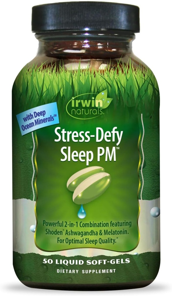 Irwin Naturals Stres-Defy Sleep PM - 50 Liquid Soft-Gels - Ashwagandha & Melatonin ile Güçlü 2in-1 Kombinasyon - 25 Hizmet