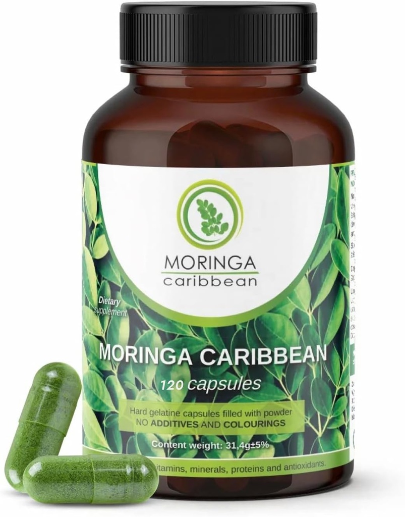 Moringa Premium 100% Pure Toz Capsules - Vegan, GMO Free, Green Superfood, Containsuba, Magnezyum, C, Vitamin B3, A, Antioksis - Enerji, Metabolism, Immune Support -120 ct