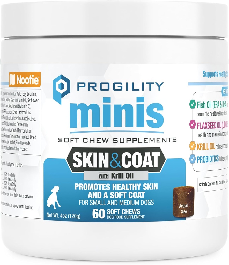Nootie Progtitude Mini Skin & Coat Supplement Supplement for Small Dogs, Fish Oil Supports Health Skin & Coat, 60 Soft Chews per Container