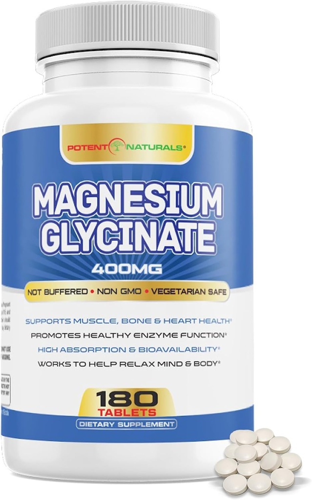 Magnezyum Glycinate 400 mg 180 Tabletler - Nazik Abpsiyon Formula Non-Laxative - Non GMO Gluten Friendly Mineral Supplement for Men - Third Party Tested, No Fillers