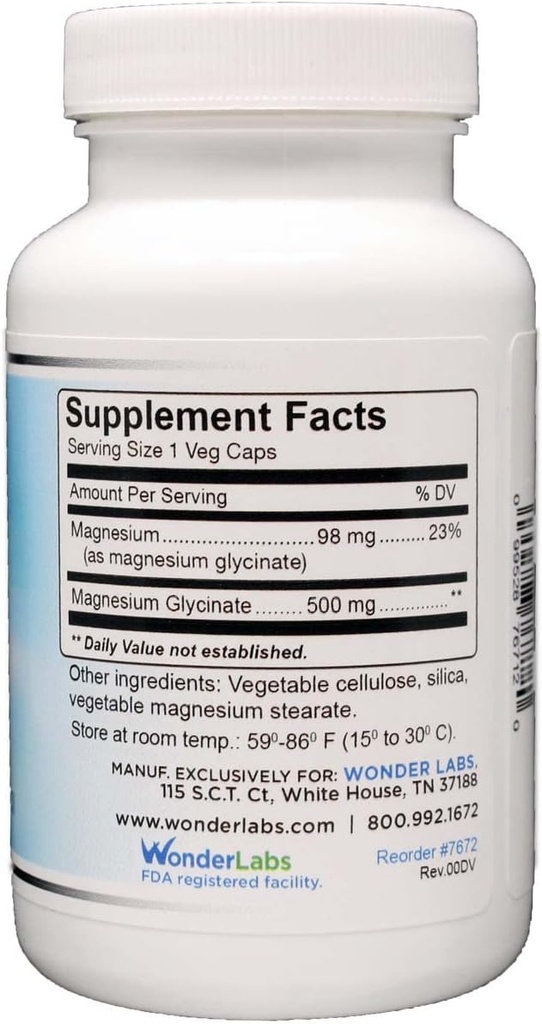 Wonder Laboratories Glycinate 500 mg, 100% Chelated for Superior Abxia, Non-GMO, NO Gluten Süt & Soy, Destekler Kas, Ortak ve Kalp Sağlığı (120)