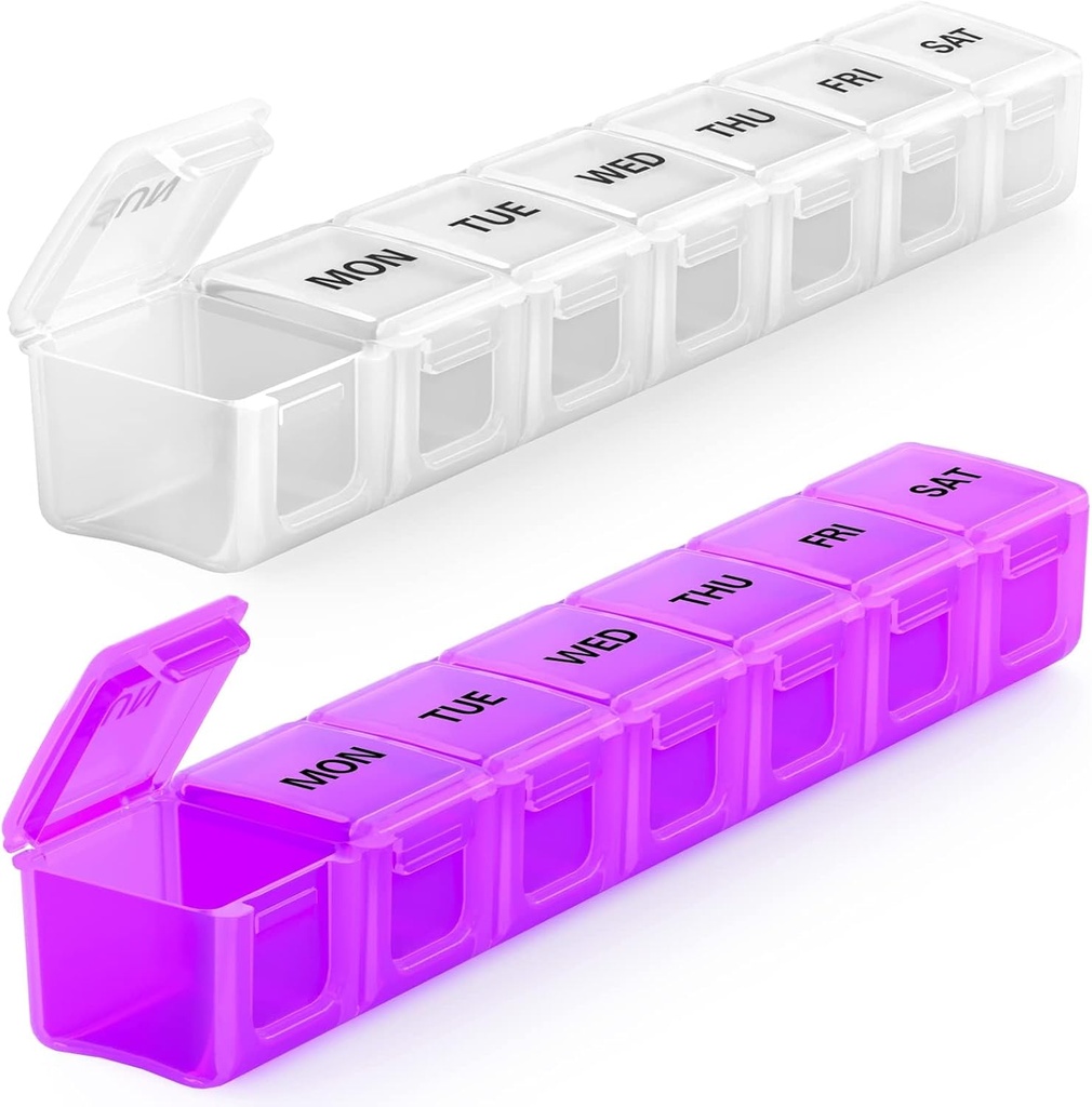 BUG HULL Weekly Pill Organizer Large 2 Packs, Extra Large Travel Pill Organizers, Pill Box 7 Day, Travel Pill Case, Medicine Pill Organizer for Vitamins, Συμπληρώματα και Φάρμακα (White+Purple)