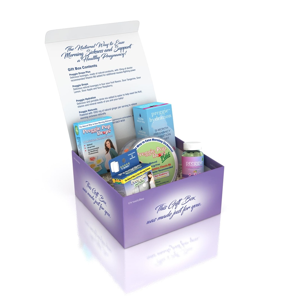 Üç Lollies Preggie Gift Box - Doğal, Hamile Nausea Relief Essentials ile Anti-Sickness Lozenges, Hydration Packets, Ginger Capsules, & Anti-Nausea Bands for Morning Disease