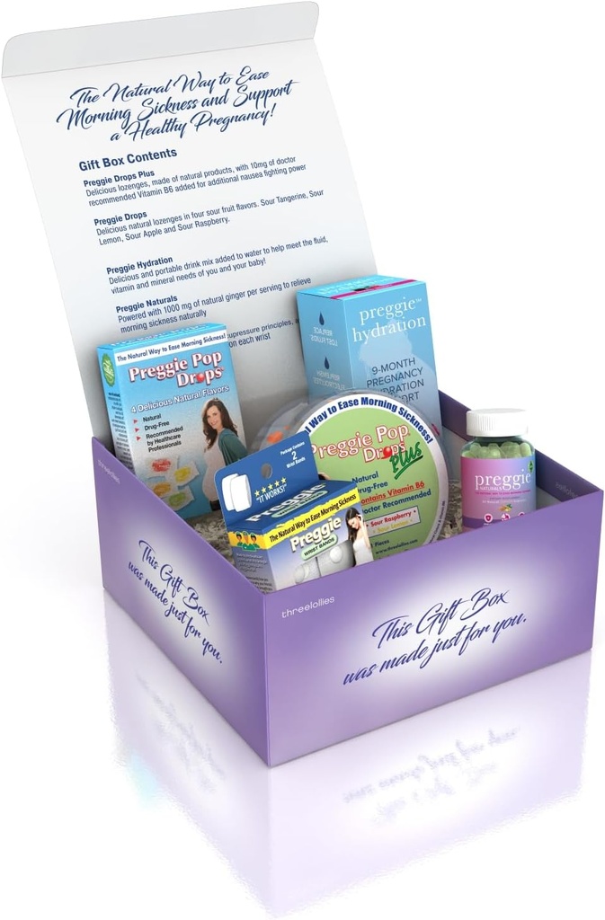 Üç Lollies Preggie Gift Box - Doğal, Hamile Nausea Relief Essentials ile Anti-Sickness Lozenges, Hydration Packets, Ginger Capsules, & Anti-Nausea Bands for Morning Disease