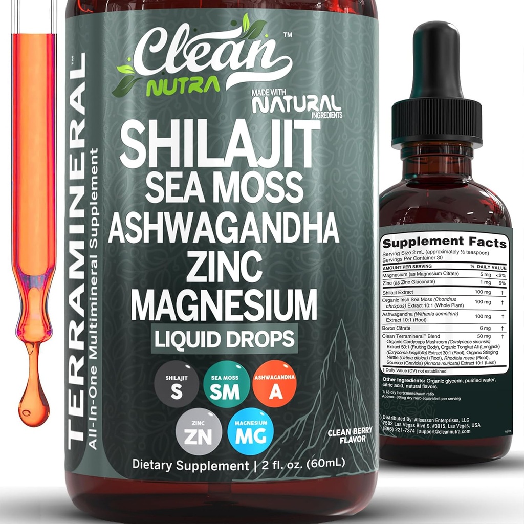 Deniz Moss ile Temiz Nutraceuticals Shilajit Liquid Drops, Ashwagandha, çinko, Magnezyum, Kadınlar ve Erkekler için Sıvı Vitaminler - Terra Mineral Mineral