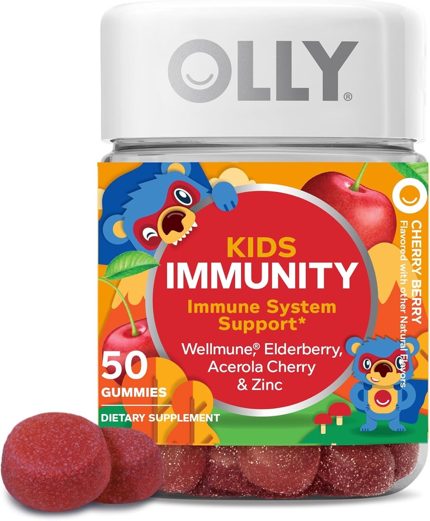 OLLY Παιδική Ανοσία Gummy, Ανοσολογική υποστήριξη, Wellmune, Elderberry, Βιταμίνη C, Ψευδάργυρος, Μασώμενα συμπλήρωμα, Cherry - 50 Count
