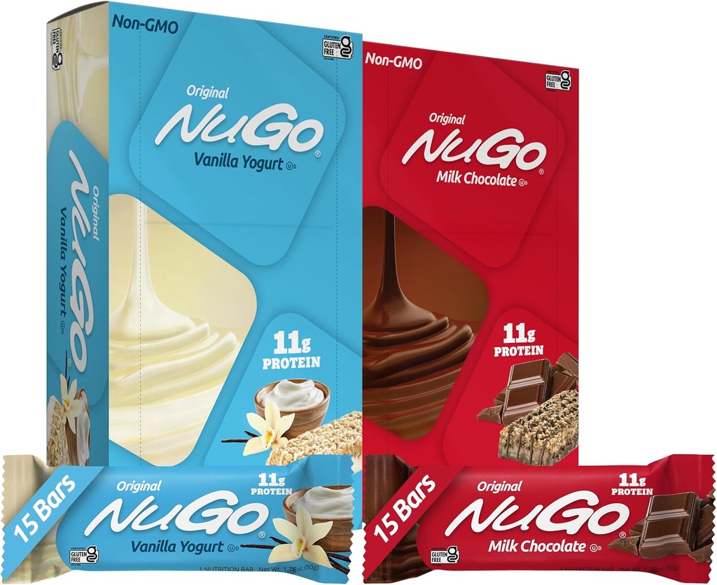 NuGo Original Diversity, Vanilla Yogurt 15 bar & Chocolate 15 bar, 11g protein, Gluten Free, 30 Count