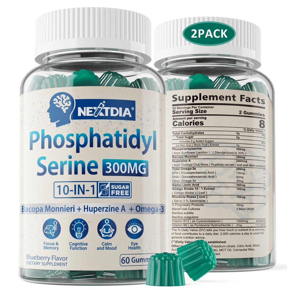 Phosphatidylserine - Nootropic Brian συμπλήρωμα, Focus & Energy Gummies+ Bacopa Monnieri, Omega 3, Huperzine A, Methyl B12 & B6 για ηλικιωμένους, παίκτες, εργαζόμενους, μη-GMO, καφεΐνη-ελεύθερο, ζάχαρη δωρεάν, 2 Πακέτο