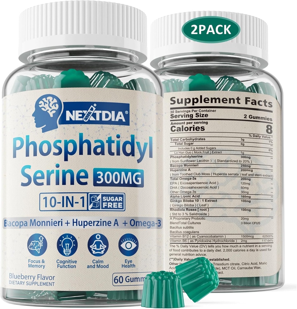 Phosphatidylserine - Nootropic Brian Supplement, Focus & Energy Gummies+ Bacopa Monnieri, Omega 3, Huperzine A, Torch B12 & B6 for Seniors, Gamers, İşçi, Non-GMO, Cine-Free, Sugar Free, 2 Pack
