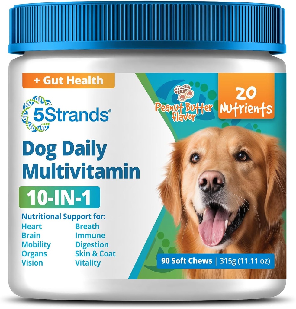 5 Strands Dog Multivitamin Chews, 10 σε-1, Βιταμίνες & Postbiotics, All Ages & Breeds - Digestion, Brain, Organs, Heart, Mobility, Vision, Skin & Coat, Ανοσία - συμπλήρωμα σκύλων (Peanut Butter, 90ct)