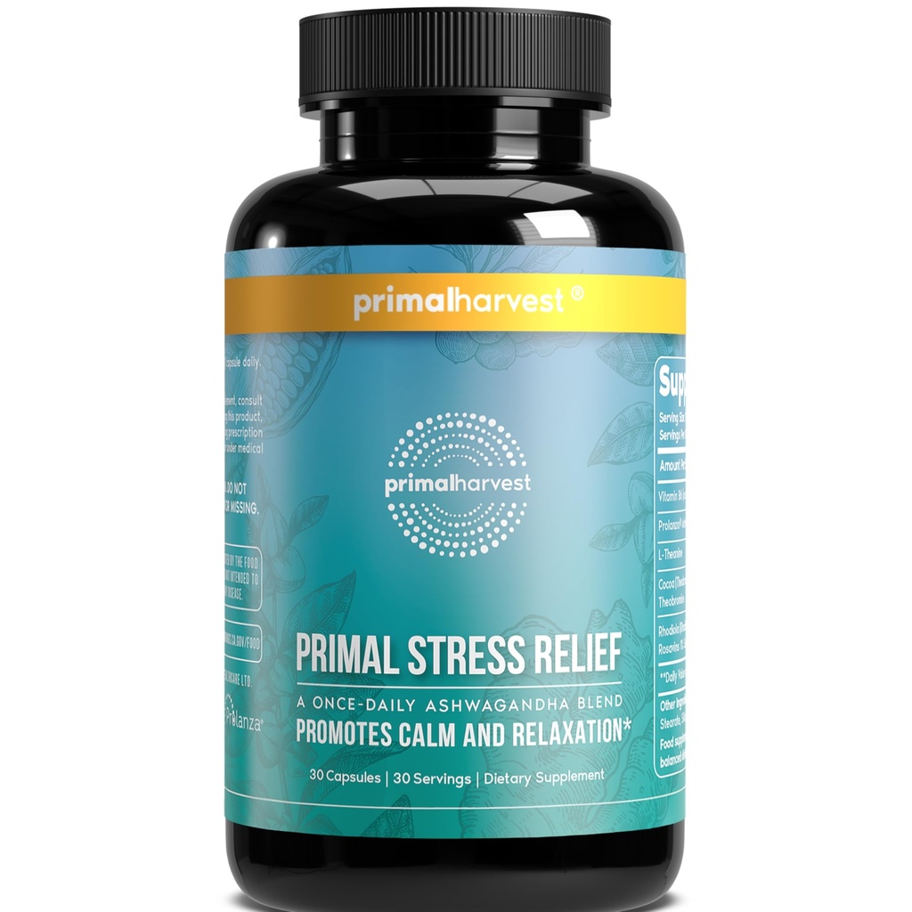 Primal Harvest Stresi Kadın ve Erkek Saf Ashwagandha Root Extract, L-Theanine Supplements, 30 Capsules
