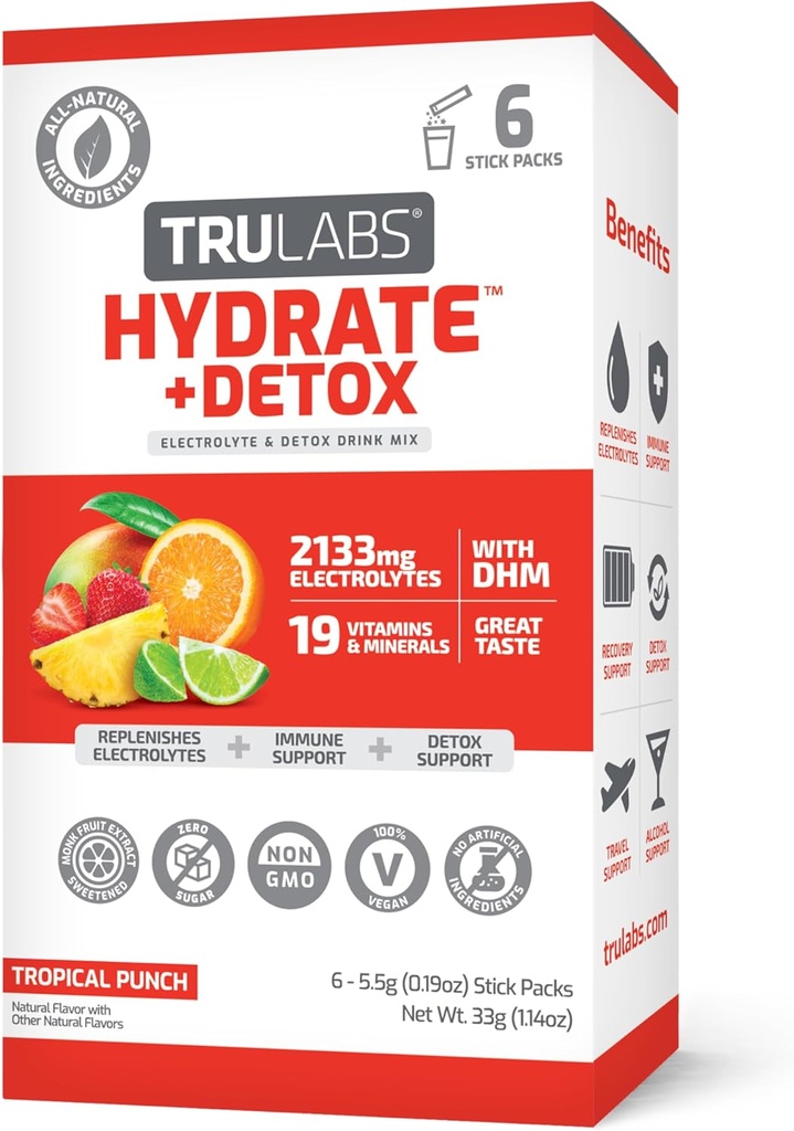 TRULABS Hydrate + Detox - Tropical Punch. Συσκευασίες ενυδάτωσης χωρίς ζάχαρη. Κάθε Σερβίρισμα Περιέχει 1422 mg ηλεκτρολυτών & 19 Βιταμίνες & Ορυκτά & DHM (6ct)
