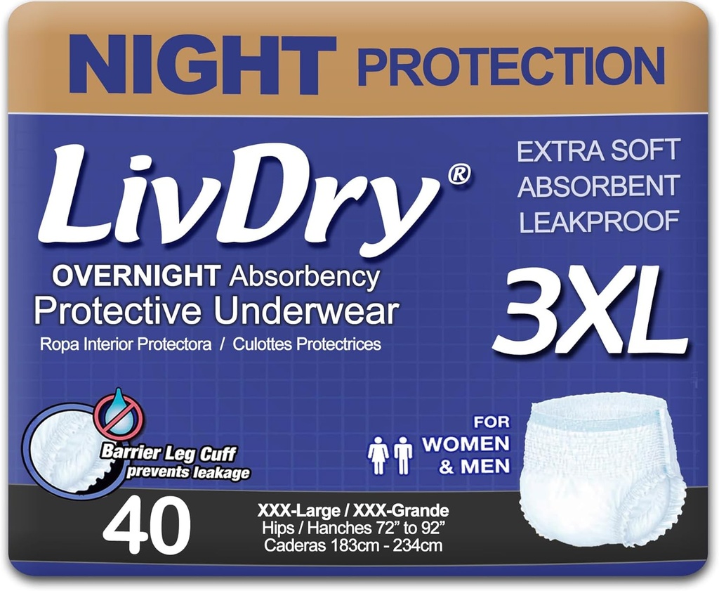 LivDry Adult Incontinence Underwear, Overnight Comfort Absorbency, Leak Protection (XXX-Large (40 Kont)