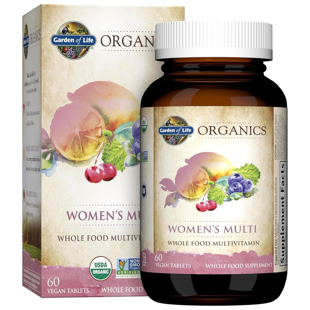 Organic Garden of Life Organic Multivitamin for Women - Womens Multi with Vitamin C, D, Folate, B6, B12, Biotin, Iron, Vegan Whole Food Vitamins for Women, Energy, Skin, Nails, 60 Tablets
