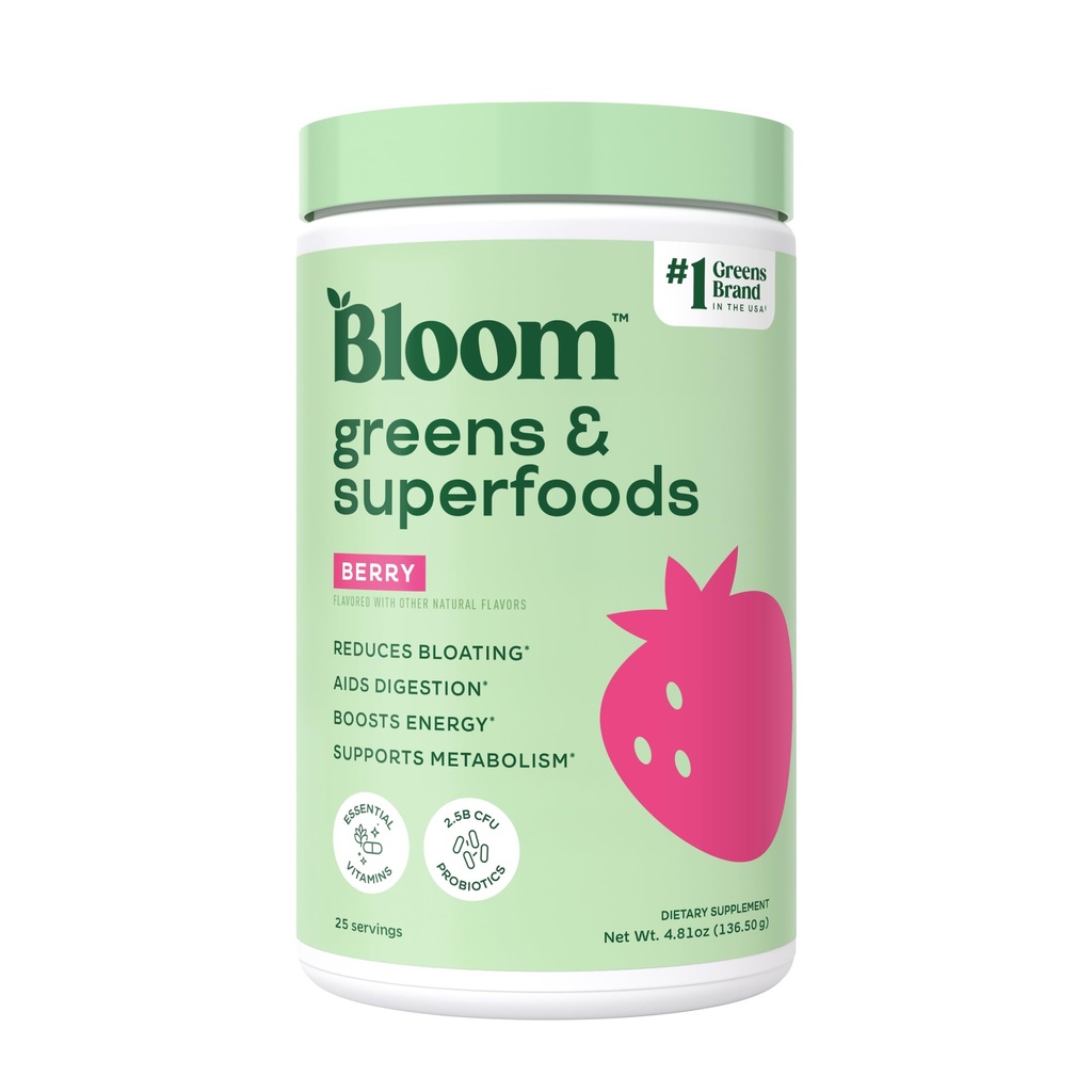 Bloom Nutrition Superfood Greens Powder, Digestive Enzymes with Probiotics and Prebiotics, Gut Health, Bloating Relief for Women, Chlorella, Green Juice Mix with Beet Root Powder, 25 SVG, Berry