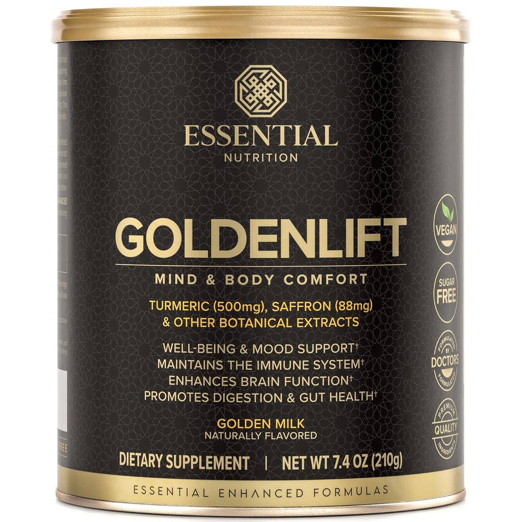 Essential Nutrition Golden Lift - Golden Milk Supplement - Vegan - Με Turmeric, Saffron, Cinnamon, Cayenne & Black Pepper Standardized Extracts - Mind & Body Comfort - 7,4 oz (30 Servings)