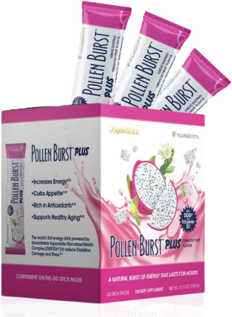 Youngevity ProJoba Pollen BurstTM Dragon Meyvesi - Temiz Doğal Enerji Tamamı / Yeşil Çay, Kiriş, GliSODin® - Art Focus, Brain Boost, Endurance, mental Clarity (30 Sticks)