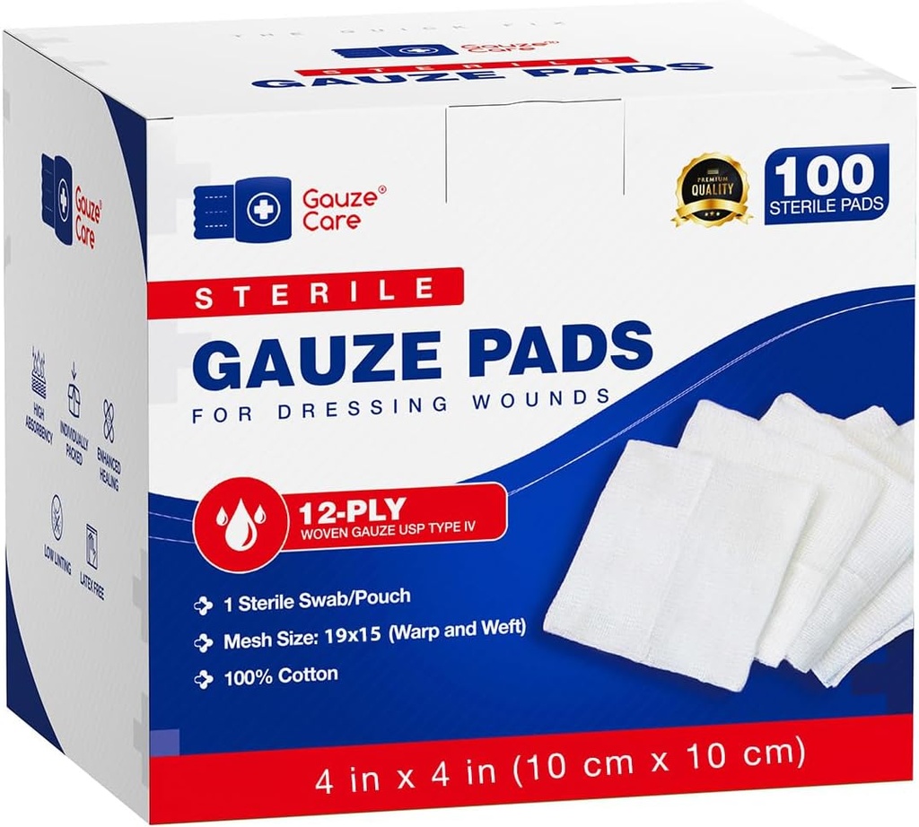 100pc Büyük Sterile Gauze Pads 4x4 Yaralar için Sterile - 12ply Woven Gauze Sponges 4x4 Sterile - USP IV Breathable Me 4x4 Gauze Pads Sterile for Advancedd Abpole - First Aid Medical Medical