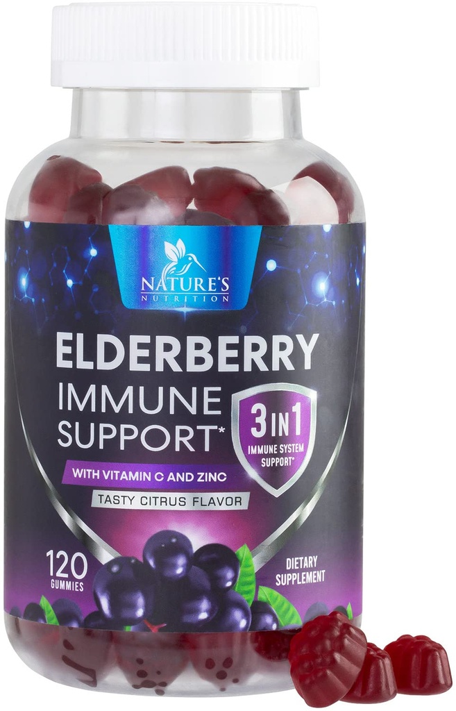 Elderberry Gummies with Vitamin C, D3 ve çinko - Immune Support Gummy for Kids & Yetişkinler, Black Elderberry Extract Gummy Immune Health Support Supplement, Black Elder Berry Vitamin - 120 Gummies