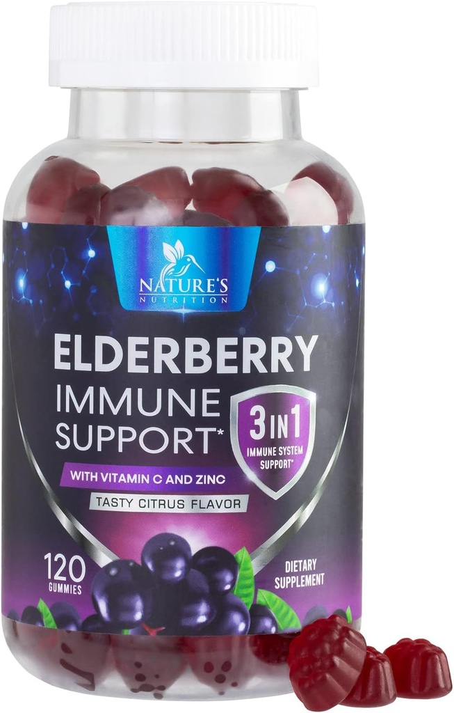 Gummies Elderberry με βιταμίνη C, D3 και ψευδάργυρο - ανοσοποιητική υποστήριξη Gummy για τα παιδιά και τους ενήλικες, Black Elderberry Extract Gummy Immune Health support συμπλήρωμα, Black Elder Berry Vitamin - 120 Gummies
