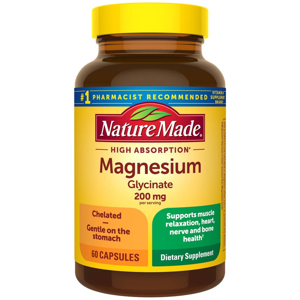Nature Made Magnesium Glycinate 200 mg per Serving, Magnesium Supplement for Muscle, Heart, Nerve and Bone Support, 60 Magnesium Bisglycinate Caps, 30 Day Supply
