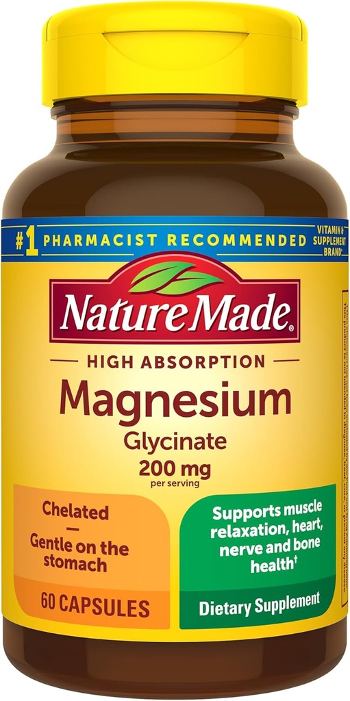 Nature Made Magnesium Glycinate 200 mg per Serving, Magnesium Supplement for Muscle, Heart, Nerve and Bone Support, 60 Magnesium Bisglycinate Caps, 30 Day Supply