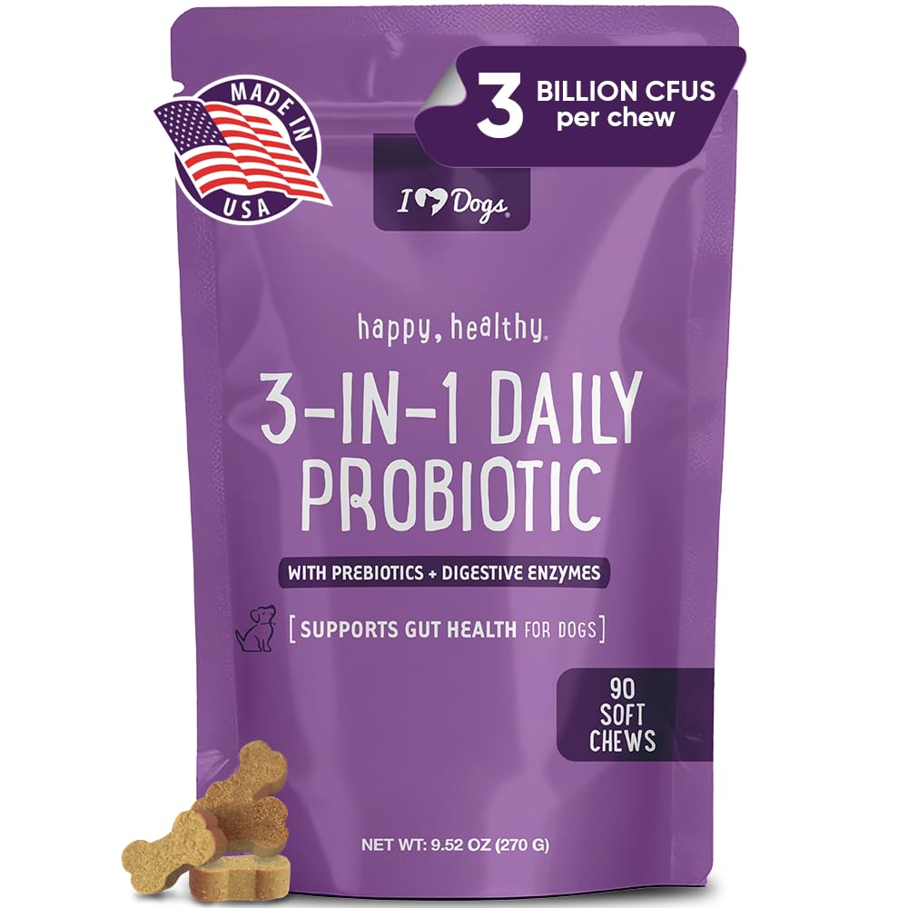 IHeartDogs 3-in-1 Probiyotik for Dogs with Riley for Improv Digestion & Gut Health - Dog Probiyotiks and Digestive Enzymes, 90 Count Count Count Count