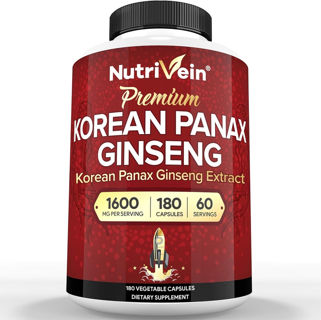 Nutrivein Korean Red Panax Ginseng 1600 mg - Ekstra Kuvvetli Formula - 180 Capsules - Boost Energy, mental Focus & Immune Health Natural Natural