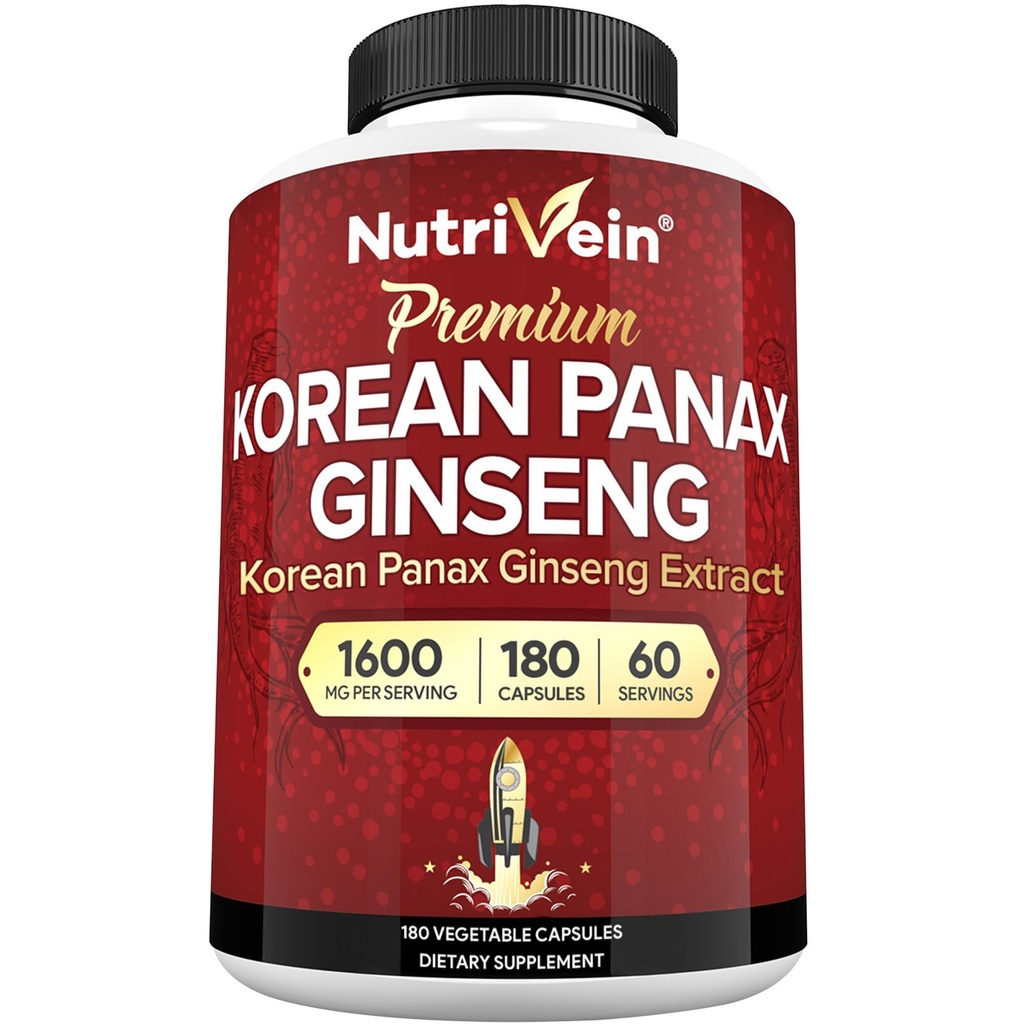 Nutrivein Korean Red Panax Ginseng 1600mg – Extra Strength Formula – 180 κάψουλες – Ενίσχυση της ενέργειας, ψυχική εστίαση & ανοσοποιητική υγεία Φυσικά