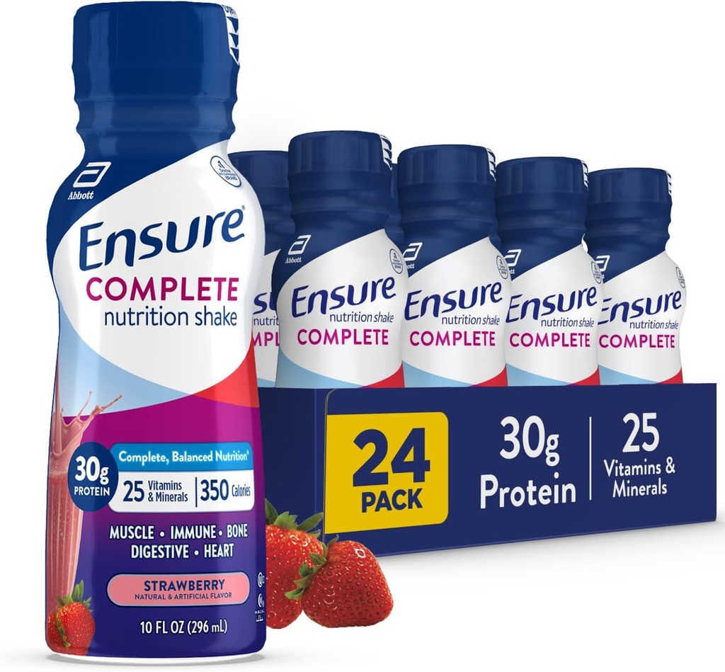 Ensure COMPLETE Strawberry Nutrition Shake, Complete, Balanced Meal Replacement, Ready To Drink, 30g Protein, 25 Vitamins & Minerals, 10 fl oz—24 Pack