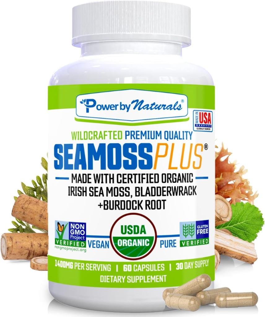Power By Naturals SeaMoss Plus - USDA Organik İrlandalı Deniz Moss Capsules w/Wild Harvested Irish Seamoss, Bladderwrack & Burdock Root Immunity Supplement Sea Moss Pills for Adult 60Ct - 1 Pack