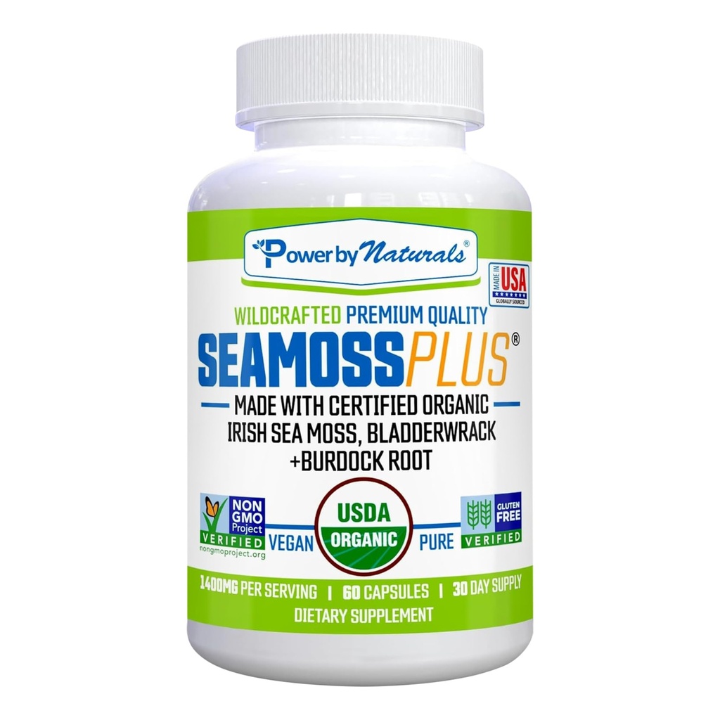 Power By Naturals SeaMoss Plus - USDA Organik İrlandalı Deniz Moss Capsules w/Wild Harvested Irish Seamoss, Bladderwrack & Burdock Root Immunity Supplement Sea Moss Pills for Adult 60Ct - 1 Pack