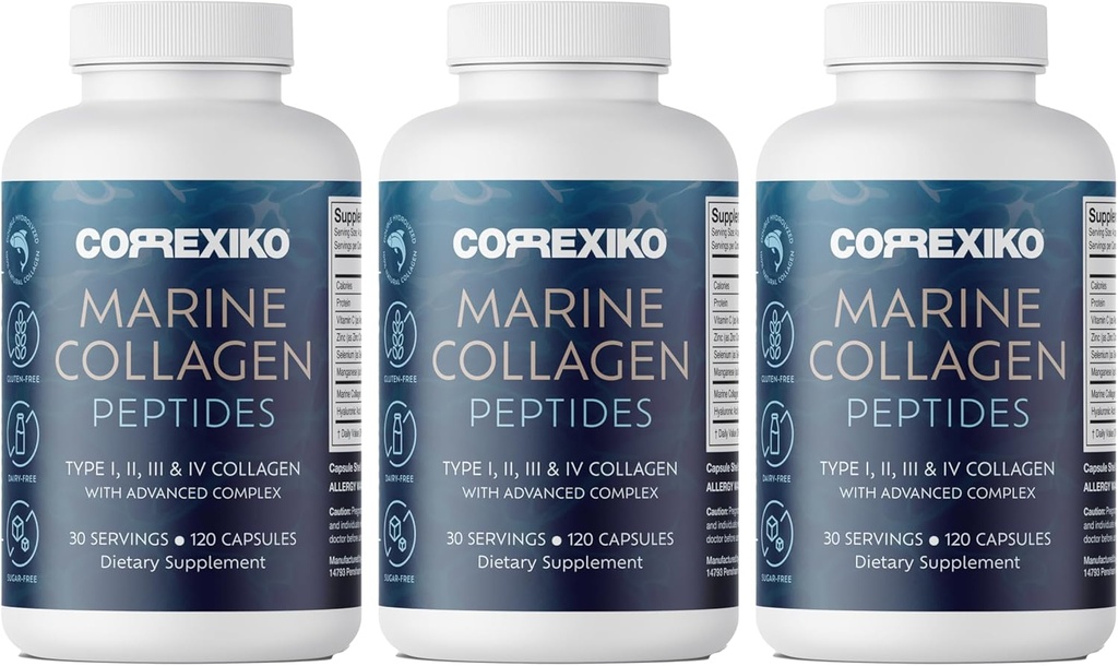 KORREXIKO Marine Collagen Supplement Pills - 1800 mg Hydrolyzed Collagen,, eklenmiş Hyaluronik asit, C & Minerals - Saç için, Skin & Nails - 360 Capsules 3 Ay Supply