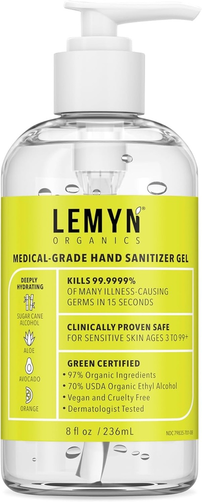 Medical-Grade Hand Sanitizer Gel – % 97 Organik | % 70 USP Ethyl Alkol | Moisturizing Aloe + Hyaluronic Acid | Freshly Made in USA | 8oz Şişe with Pump