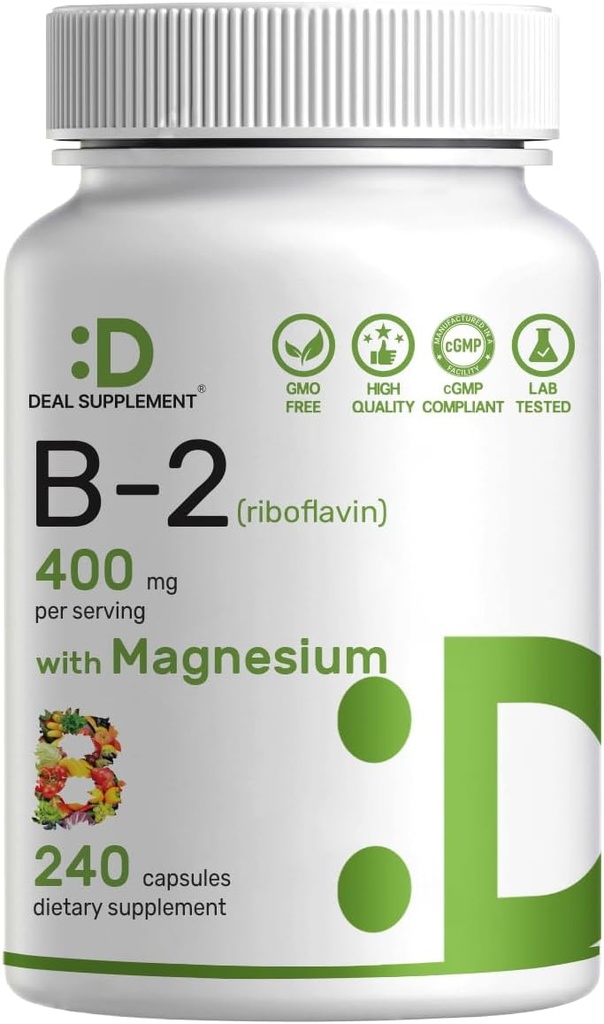 DEAL SUPPLEMENT Vitamin B2 400 mg (Riboflavin) | Magnezyum Glycinate 400 mg, 240 Capsules – 2 in 1 Support Health Nervous System, Mood, Blood & Energy Production, Non-GMO