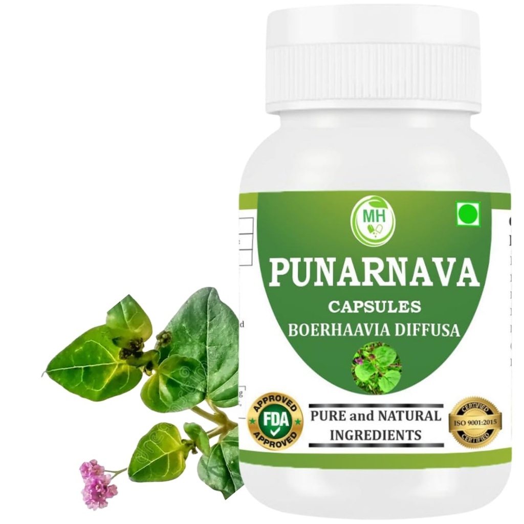 Punarnava Capsules (Boerhaavia Diffusa) 500 mg - 60 Veg Capsules | Herbal Wellness Supplement for Natural Kidney & Liver Support | Plant-Based Detox & Cleansing Formula | Pack of 1