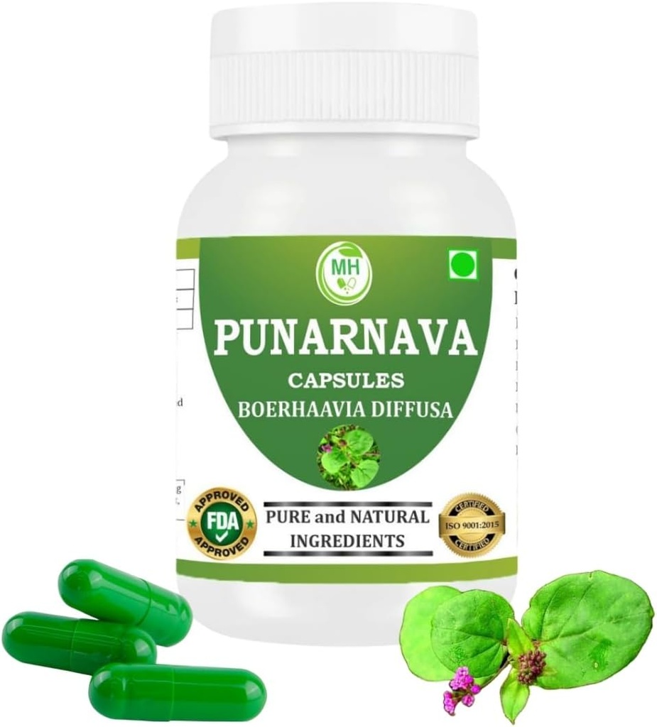 Punarnava Capsules (Boerhaavia Diffusa) 500 mg - 60 Veg Capsules | Herbal Wellness Supplement for Natural Kidney & Liver Support | Plant-Based Detox & Cleansing Formula | Pack of 1